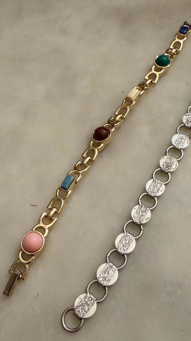 Sarah Coventry Vintage Multi-Stone Gold-Tone and Etched Silver-Tone Bracelet Set